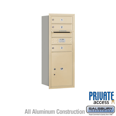 10 Door High Recessed Mounted 4C Horizontal Mailbox with 3 Doors and 1 Parcel Locker in Sandstone with Private Access - Rear Loading